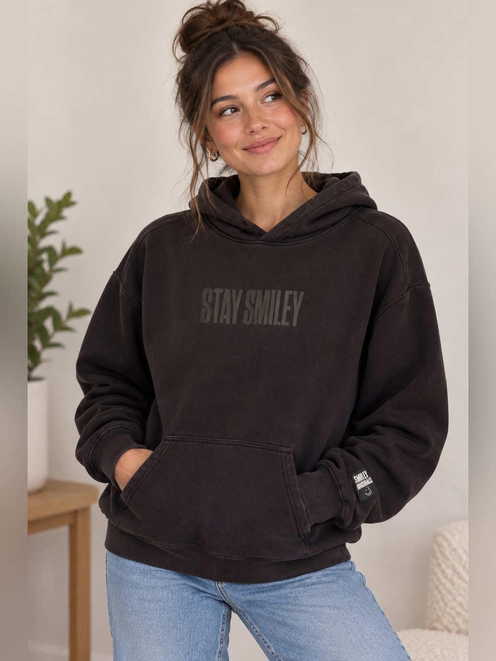 H&M x Smiley Stay Smiley Black Oversized Hoodie Size Small